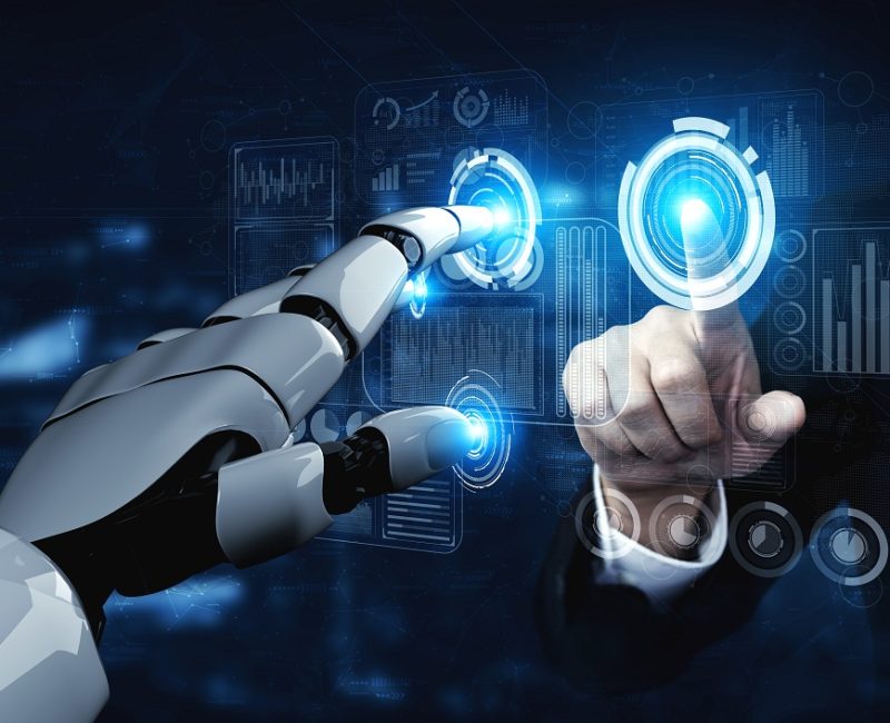 Artificial intelligence AI research of robot and cyborg development for future of people living. Digital data mining and machine learning technology design for computer brain communication.